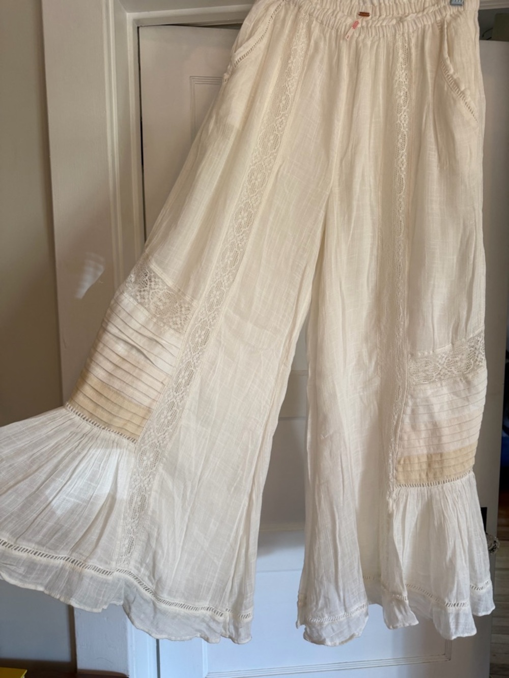 Free People Cream Wide-Leg Lace Trim Pants
